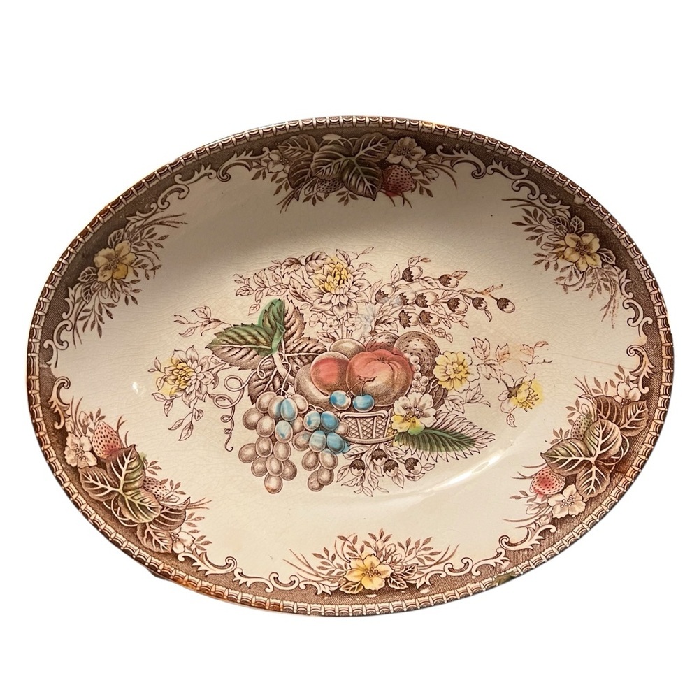 Vintage Made in Japan Oval Platter Brown Transferware Fruit Floral Serving Dish